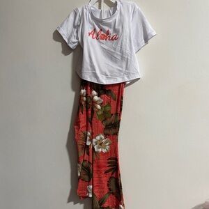 White Aloha T-Shirt and Red Floral Pants Set